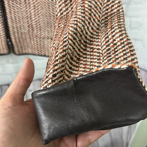 Doncaster tweed brown and orange silk blend blazer with leather trim Sz 4 - Picture 7 of 8